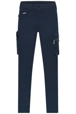 Work pants in navy blue, featuring multiple pockets and a fitted design. Includes a logo on the waistband.