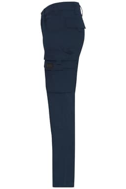 Workwear pants in navy blue with multiple pockets and a fitted design. Features a logo on the side.