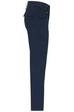 A pair of navy work pants with pockets, featuring a sleek design and a branded logo.