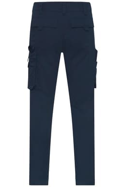 Workwear pants in navy blue with multiple side pockets and a fitted design. Features a branding logo.