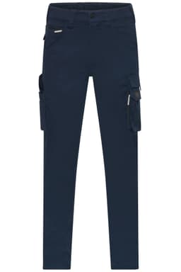 Navy work pants featuring multiple pockets and a logo, designed for durability and functionality.