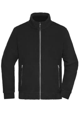 A black Sherpa jacket with a zip front and side pockets, featuring a high collar and a logo on the chest.
