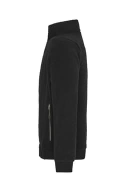 A black Sherpa jacket with a high collar and zip pockets, featuring a fleece texture and ribbed cuffs.