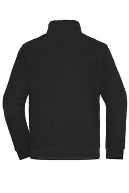 A black Sherpa jacket with a high collar and a textured polar fleece design. It has a plain back and features a logo.