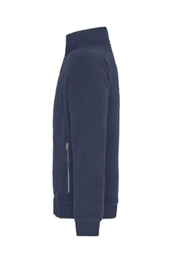 A navy Sherpa jacket with a zip pocket and a high collar, featuring a branded logo.