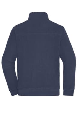 A navy Sherpa fleece jacket with a high collar and a plain back. It features a logo on the design.