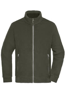 A polar fleece Sherpa jacket in olive green with a zip front and two side pockets. Features a collar and ribbed cuffs.