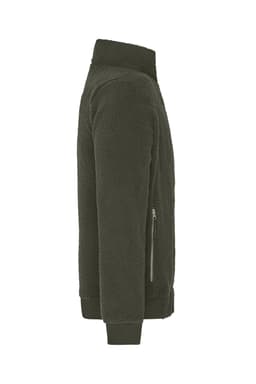 A polar fleece Sherpa jacket in dark green, featuring a zippered pocket and a high collar.
