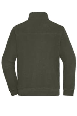 A polar fleece jacket in a dark green colour, featuring a high collar and a simple back design.