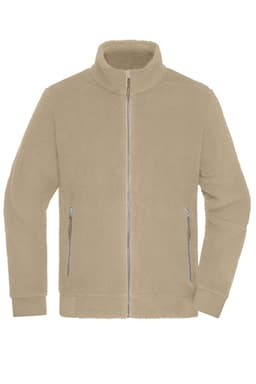 A beige Sherpa jacket featuring a zip front and side pockets, made from soft polar fleece material.