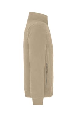 A Sherpa jacket in a light beige colour with a zippered pocket and a high collar. It has a branding logo.