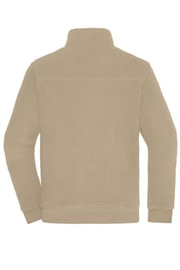 A polar fleece Sherpa jacket in a light tan colour, featuring a high collar and a simple design with a logo.
