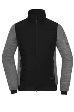 A padded hybrid jacket featuring a black front and grey sleeves, with a high collar and zippered pockets.