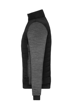 A padded hybrid jacket featuring a black and grey design, with a zip-up front and high collar. It has a logo present.