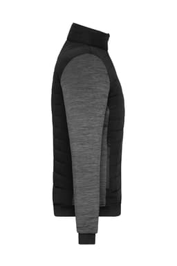 A padded hybrid jacket featuring a grey and black design, with a zip-up front and a sleek profile.