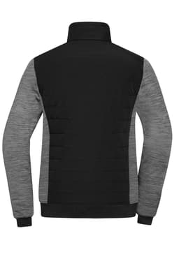 A padded hybrid jacket in black and grey, featuring a zip front and a high collar, with branding on the back.