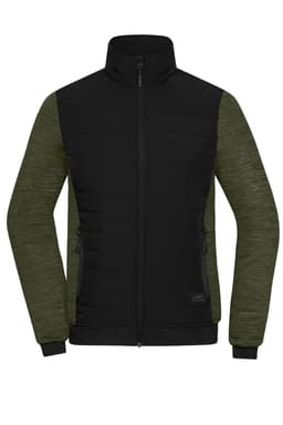 A padded hybrid jacket in black and olive green, featuring a zip front and side pockets. Includes a logo.