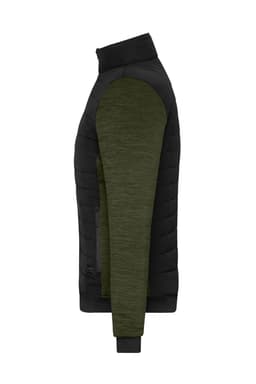 A padded hybrid jacket in black and olive green with a sleek design and a logo on the sleeve.