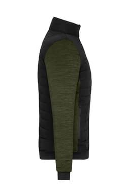 A padded hybrid jacket featuring a black body and olive green sleeves, with a fitted collar and zippered pockets.