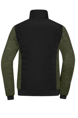 A padded hybrid jacket featuring a black upper section and olive green textured lower sleeves. It has a collar and a logo.