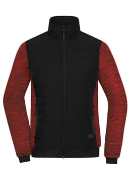 A padded hybrid jacket featuring a black body and red sleeves, with zippered pockets and a high collar.