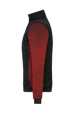 A padded hybrid jacket featuring a black body and a red knitted sleeve, with a zippered pocket and a logo.