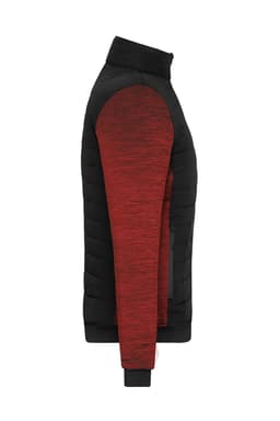 A side view of a ladies padded hybrid jacket featuring a black body and red textured sleeves, with a logo on the fabric.