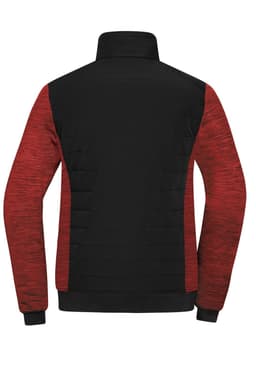 A hybrid jacket featuring a black and red design, with padded sections and a high collar. It has branding on it.