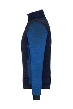 A padded hybrid jacket featuring a navy body and blue sleeves, with a logo on the side.