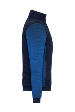 A side view of a ladies' padded hybrid jacket featuring navy and blue hues, with a zip pocket and logo.