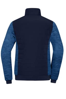 A navy blue and light blue hybrid jacket with a padded back and long sleeves. It features a collar and has a logo.