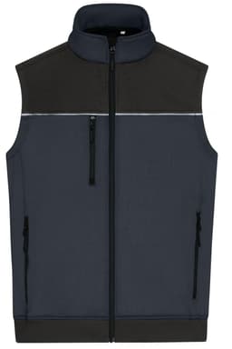 A grey and black work vest featuring a zip front, side pockets, and a high collar. It has a simple logo.