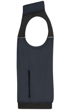 A dark navy work vest featuring an open design, a zippered pocket, and a contrasting collar. It has a logo.