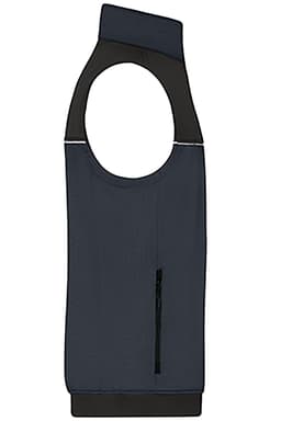 A navy work vest with a sleeveless design, featuring a zippered pocket and a branding logo.