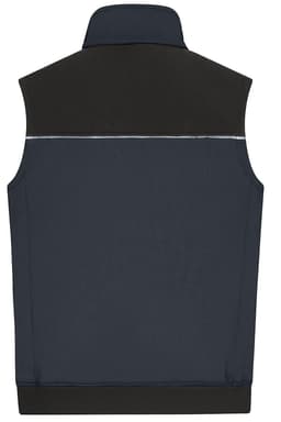 A navy and black work vest featuring a high collar and reflective detailing. The back is plain with no visible logos.