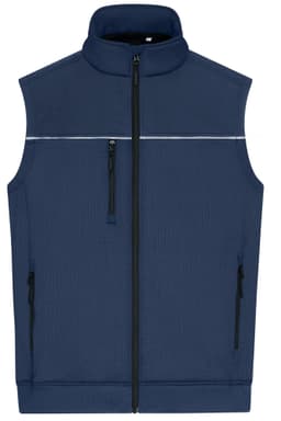 A navy Hybrid Workwear Vest featuring a high collar and zippered pockets, with a branding logo.