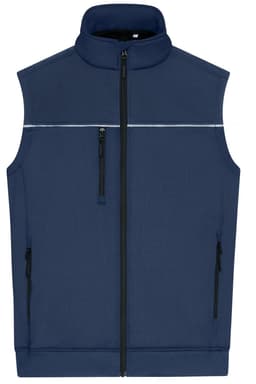 A navy blue work vest featuring a high collar, zip front, and multiple zippered pockets. It has a logo.