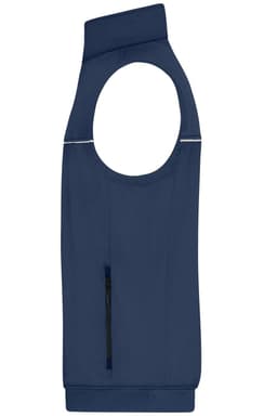 A navy blue work vest with an open arm design, featuring a side zip pocket and reflective trim.