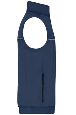A navy blue work vest with an open arm design and a zippered pocket, featuring a logo.