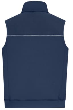 A navy blue work vest with a high neck and a reflective stripe across the back. It features a logo.