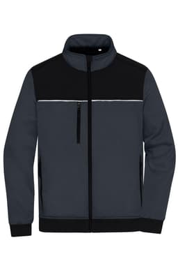 A grey and black hybrid workwear jacket featuring a front zip, side pockets, and a logo on the chest.