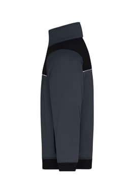 A side view of a hybrid workwear jacket featuring dark grey and black colours, with a logo displayed.