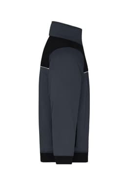 A side view of a grey Hybrid Workwear Jacket with black accents and a high collar. The jacket features a logo.