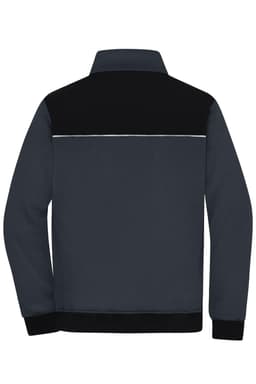 A black and dark grey workwear jacket featuring a sleek design and a logo on the back.