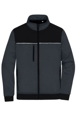 A Hybrid Workwear Jacket in grey and black, featuring a high collar and multiple zip pockets. It has a logo.