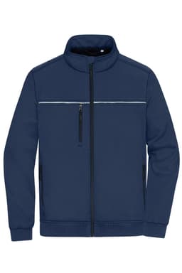 A navy work jacket featuring a zip closure, two front pockets, and a logo on the chest area.