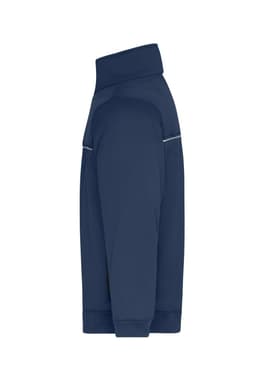 A navy blue Hybrid Workwear Jacket with a high collar and subtle zipper detail, featuring a logo.