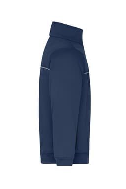 A navy workwear jacket with a high collar and reflective detailing on the side, featuring a logo.