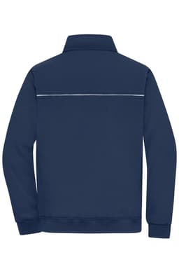 A navy workwear jacket featuring a collar and a reflective strip across the back. It has a logo on it.