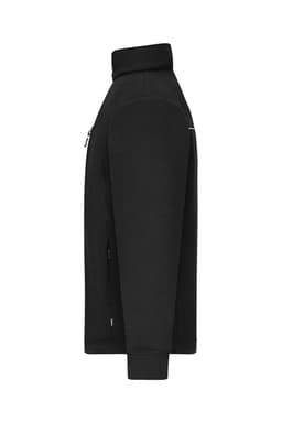 A black fleece jacket with a corduroy look, featuring a high collar and zippered pockets. It has a logo.
